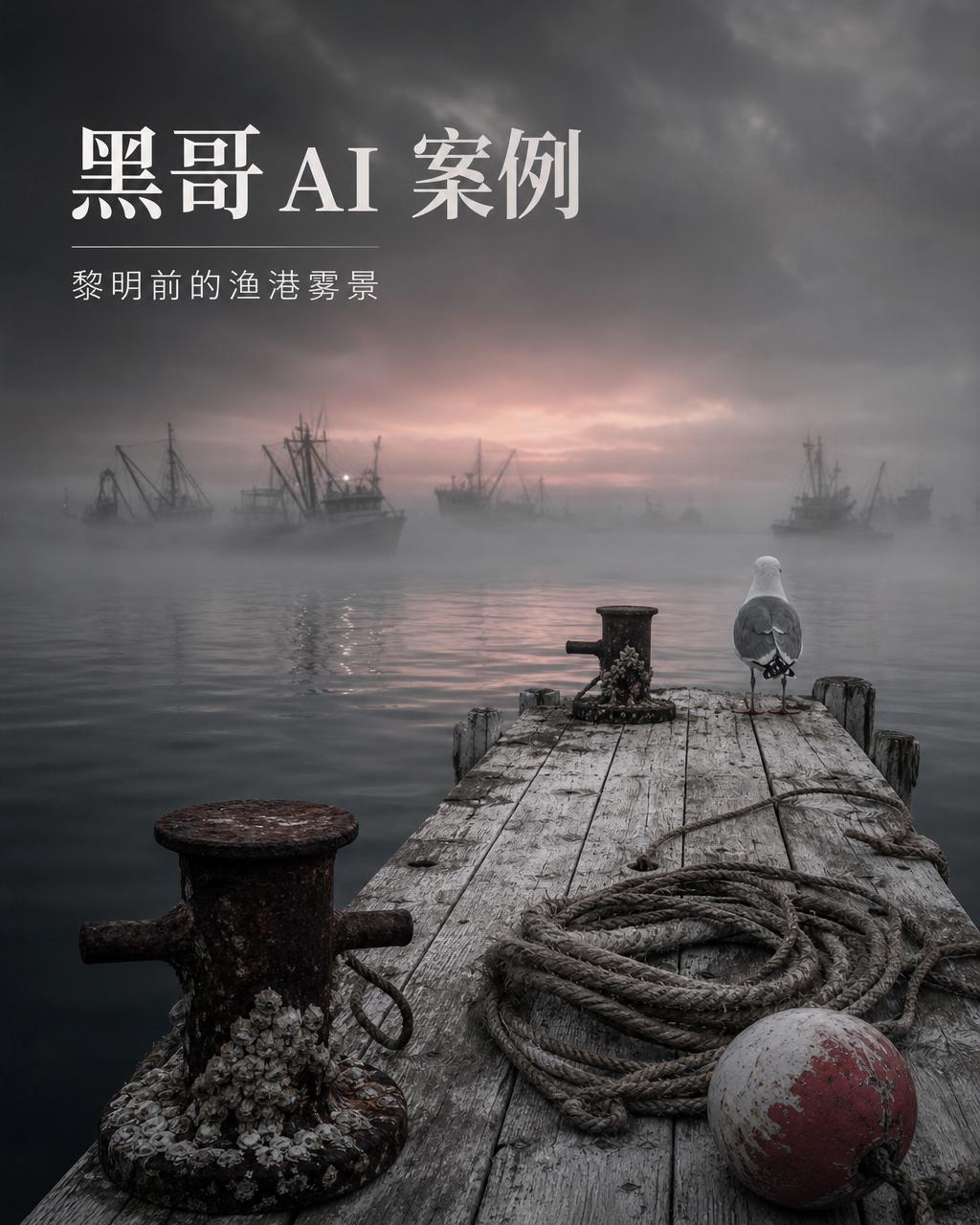 日出前薄雾笼罩的小渔港，近单色色调，一只海鸥立于栈桥末端，前景绳圈与浮标清晰。
