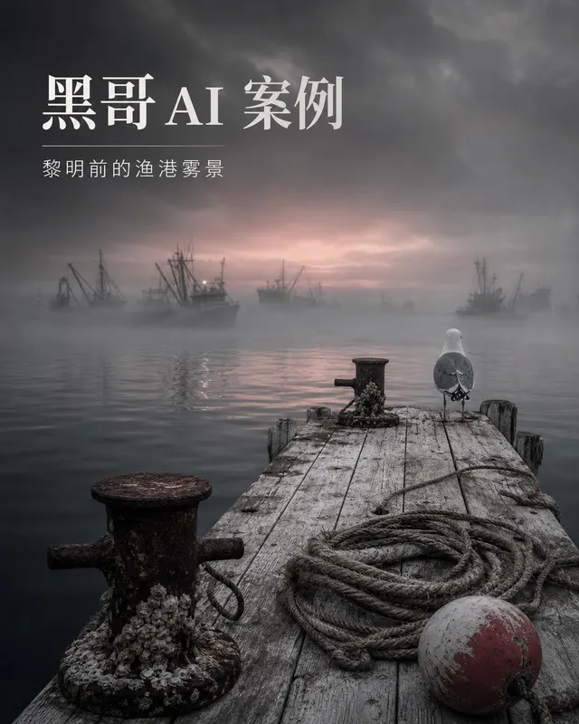 A misty fishing harbor before sunrise, near-monochrome palette of charcoal water and pewter fog, lone seagull on dock post, weathered rope and buoy in foreground.