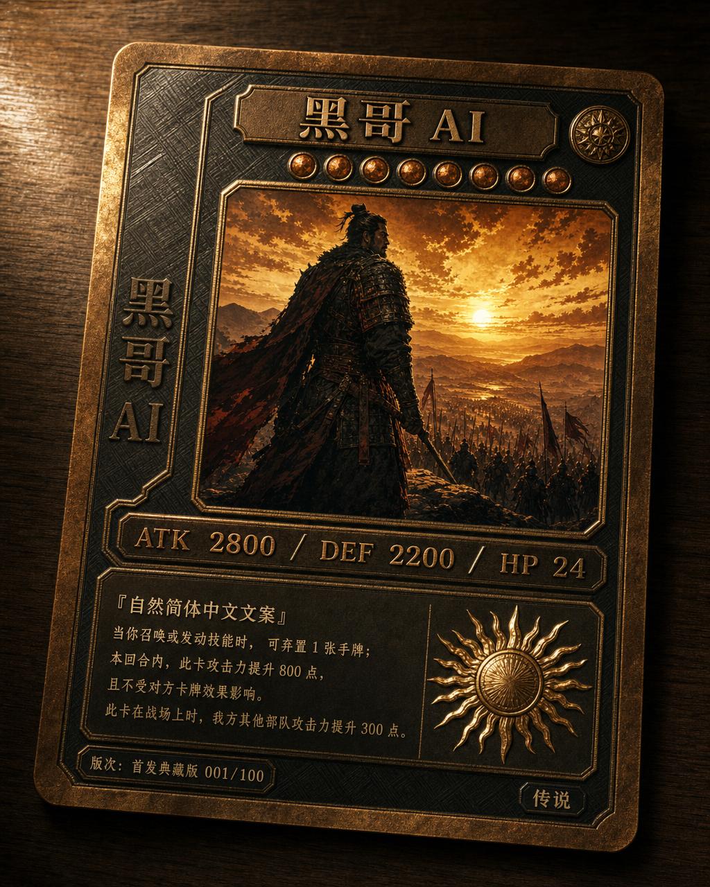 名为 Valdrek 的箔面印章传说 TCG 卡，金色黄昏军阀电影风肖像，金色旭日箔面印章。