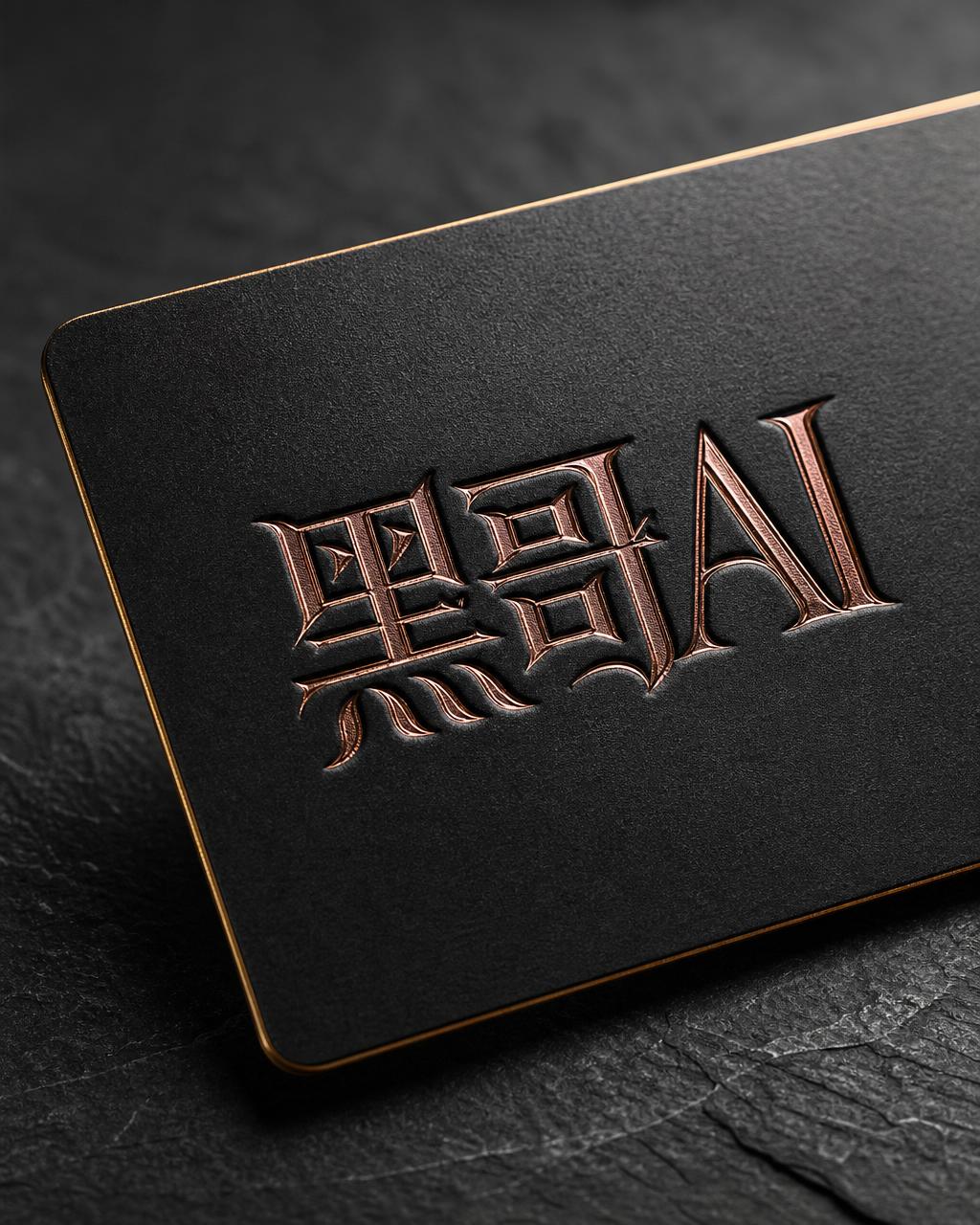 首字母组合 ARL 以玫瑰金烫印凹压呈现于哑光黑色高端名片上，侧光照明