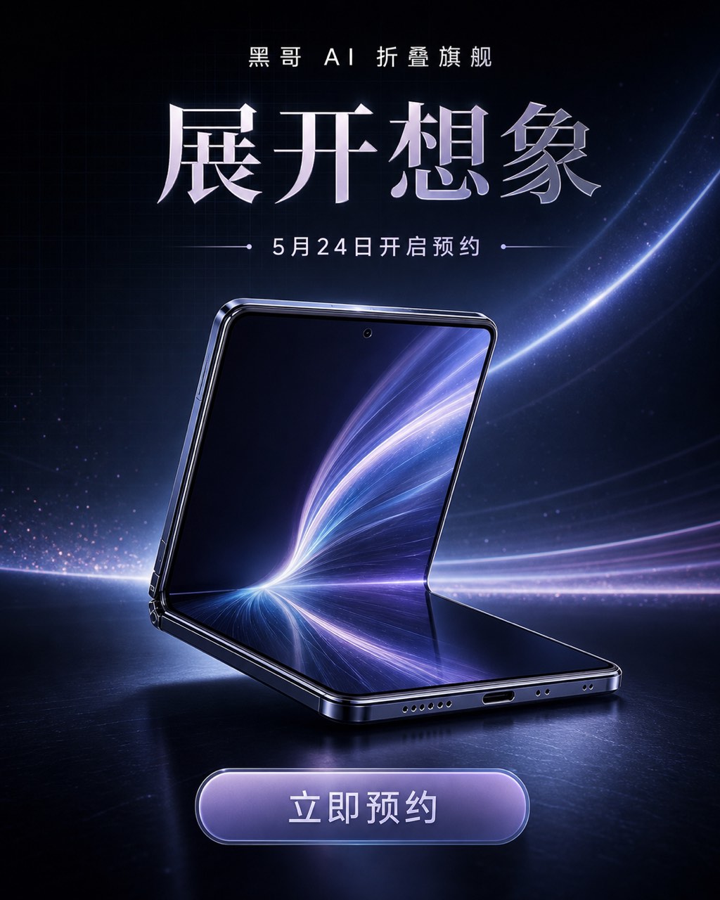 深灰折叠手机在暗色背景中微展开，屏幕为青品红星云壁纸，左侧白色衬线标语 FOLD WHAT YOU CAN'T IMAGINE。