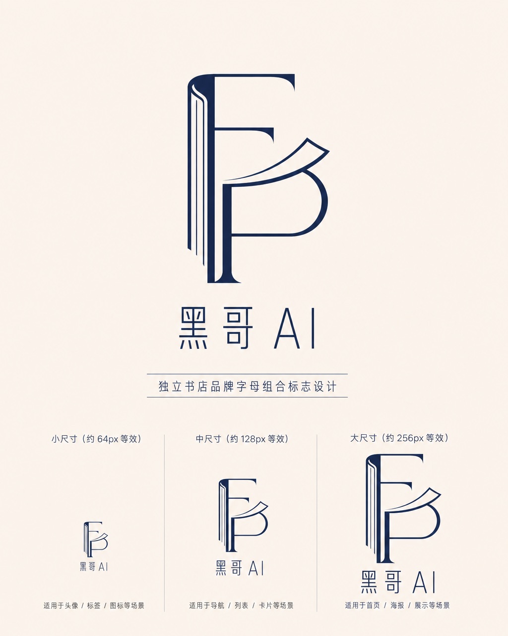 Folded Page Books 午夜蓝 F×P 字母组合标志，三种尺寸展示，互锁字母形成翻开书本剪影。
