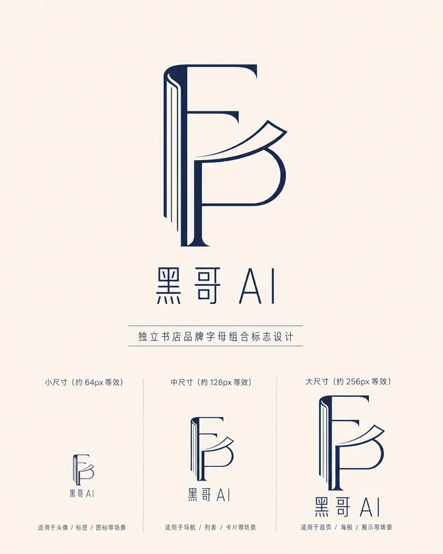 Midnight-blue F-and-P monogram for Folded Page Books shown at three sizes, interlocking letters forming an open book silhouette.