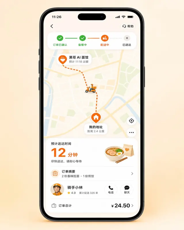 真实比例手机样机，屏幕内为浅色外卖追踪页面，粉彩地图、橙色路线、预计送达卡片、骑手详情和电话聊天按钮。