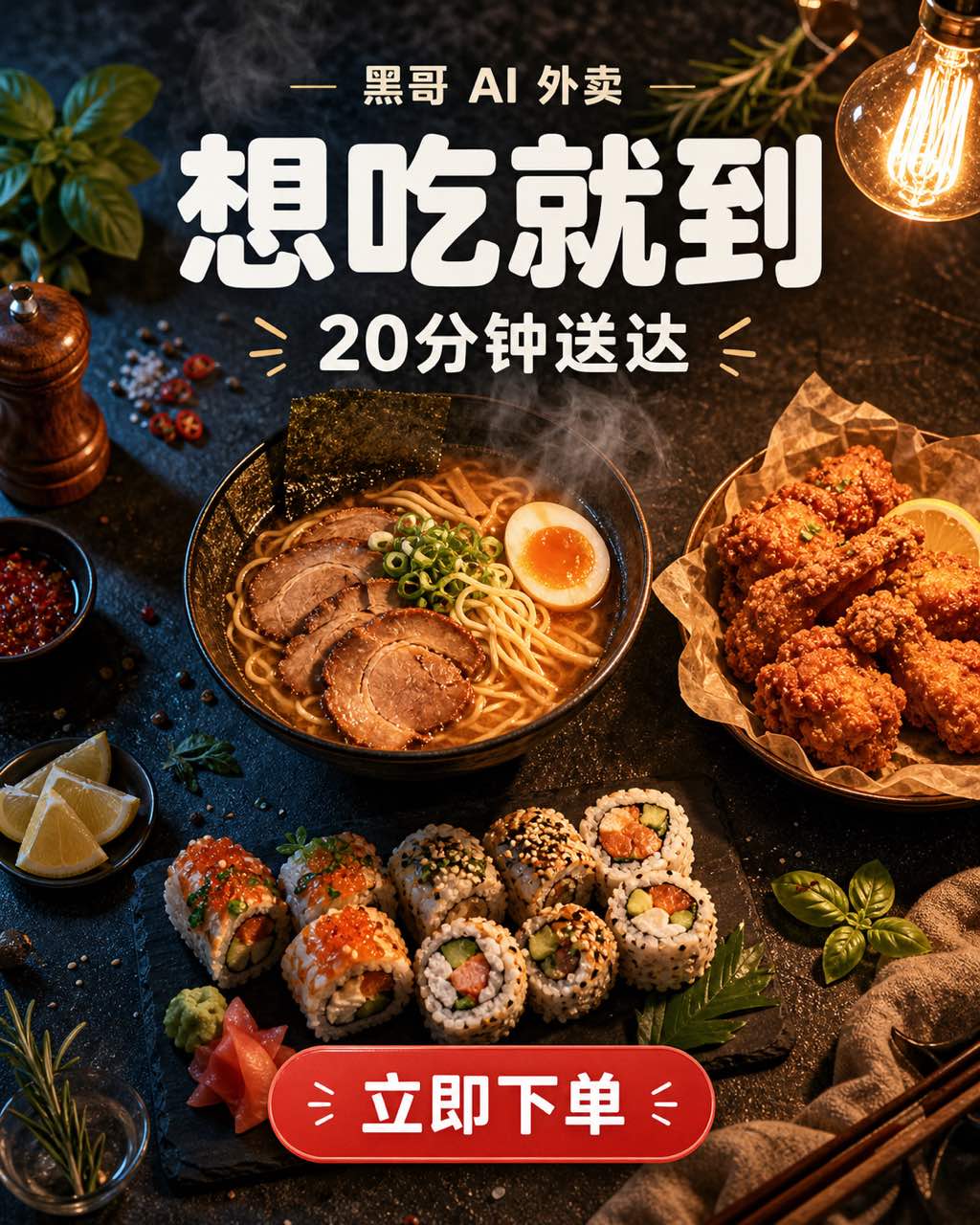 深石板面板上俯视棚拍拉面炸鸡寿司，白色大标题和红色 CTA 按钮的外卖促销横幅