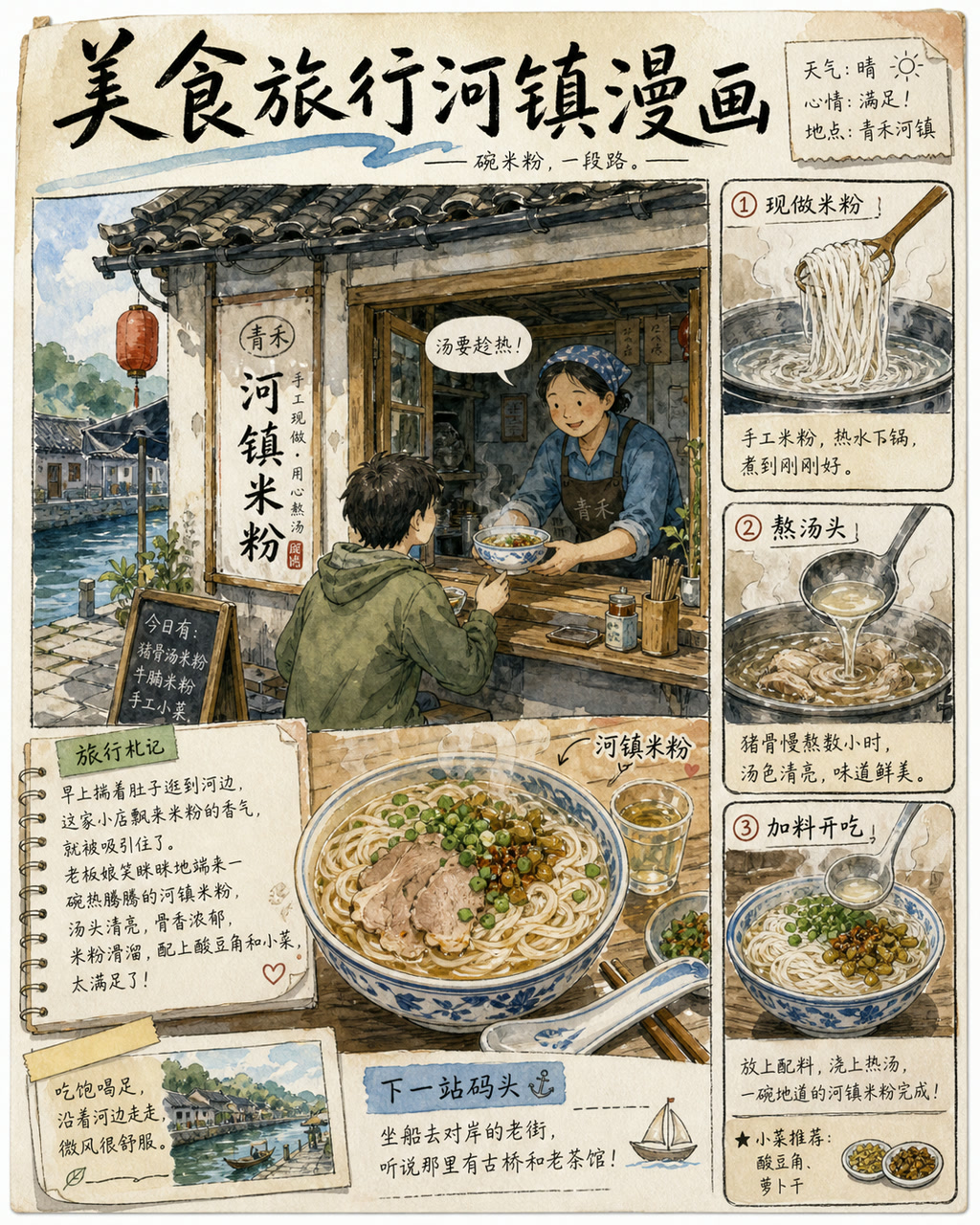 美食旅行河镇漫画，原创漫画风格样本，包含清晰漫画版式、角色动作和可见中文标题。