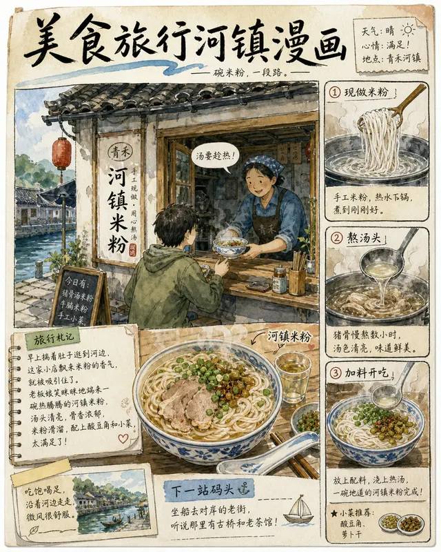 Food Travel Comic River Town, an original comic style sample with visible layout, character action, and readable lettering.
