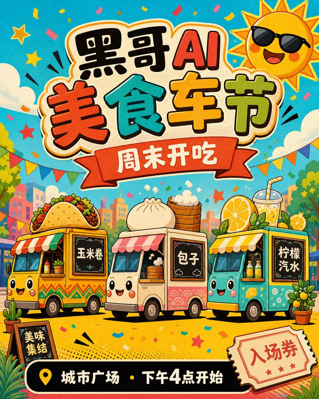 复古波普美食车节海报，黄色道路上三辆彩色美食车，标题 BIG FORK FAIR。