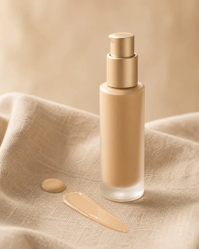 White frosted foundation pump on undyed linen cloth with dried eucalyptus leaves and a bead of nude foundation.