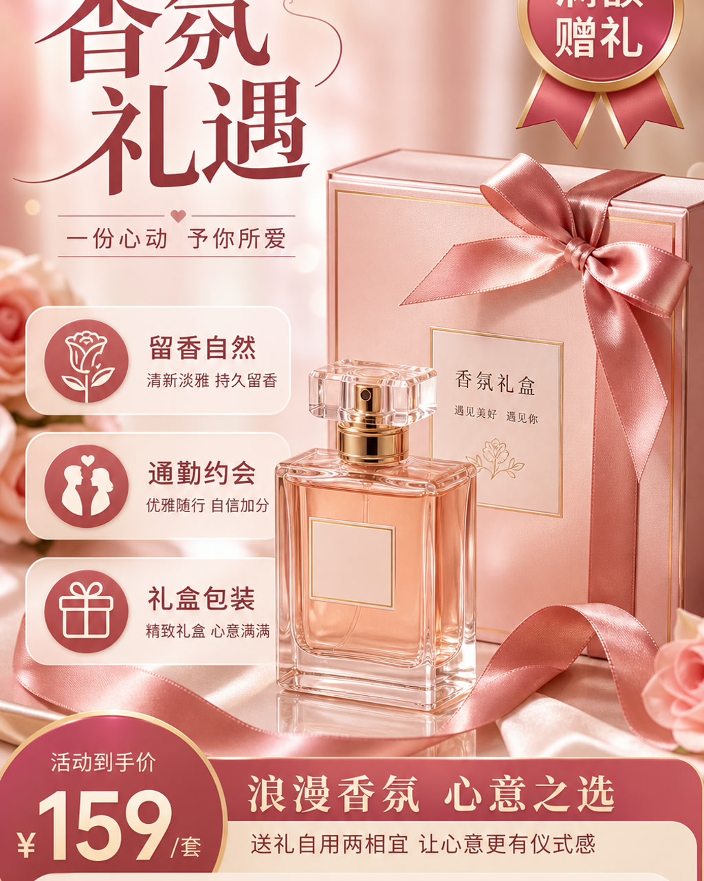 香氛礼盒促销图，主文案为「香氛礼遇」，卖点为「留香自然、通勤约会、礼盒包装」。