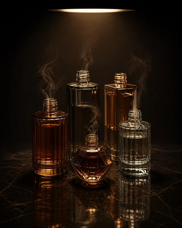 Five perfume bottles in a staggered formation on polished dark slate, lit by a single overhead spotlight against a near-black background.