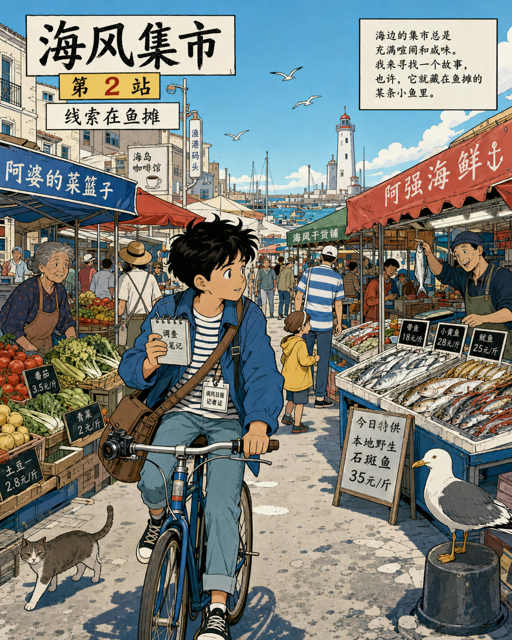 法漫清线菜市场场景，原创漫画风格样本，包含清晰漫画版式、角色动作和可见中文标题。