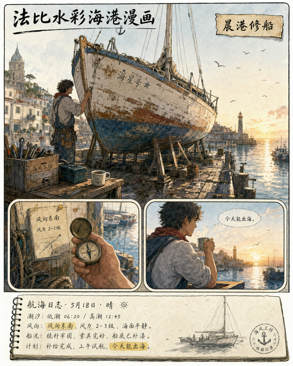 法比水彩海港漫画，原创漫画风格样本，包含清晰漫画版式、角色动作和可见中文标题。