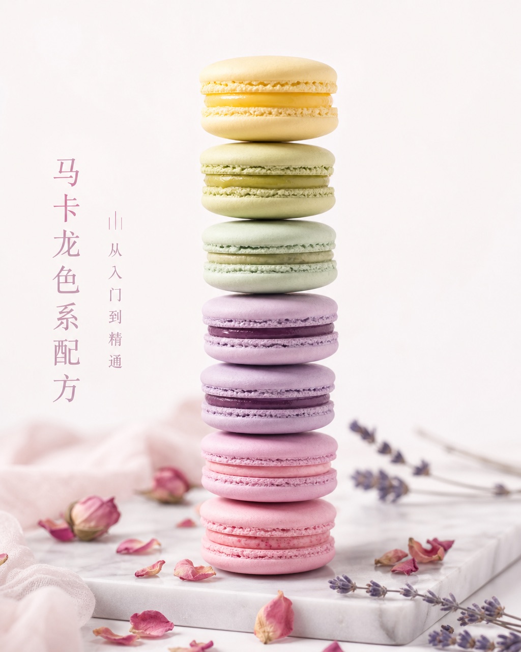 八枚粉彩渐变色法式马卡龙整齐叠塔，大理石板上旁有玫瑰花瓣，白色背景。