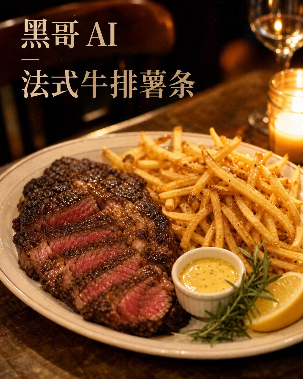 45 度法式小馆餐盘，深棕焦皮肋眼牛排与金黄细薯条，烛光式温暖餐厅灯光，胶片颗粒质感。