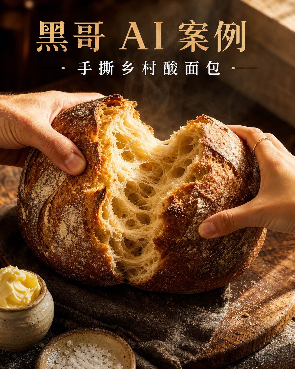 两只手在金色午后光线下撕开乡村酸面包，露出开放蜂窝组织和深棕外皮，亚麻垫木板衬底。
