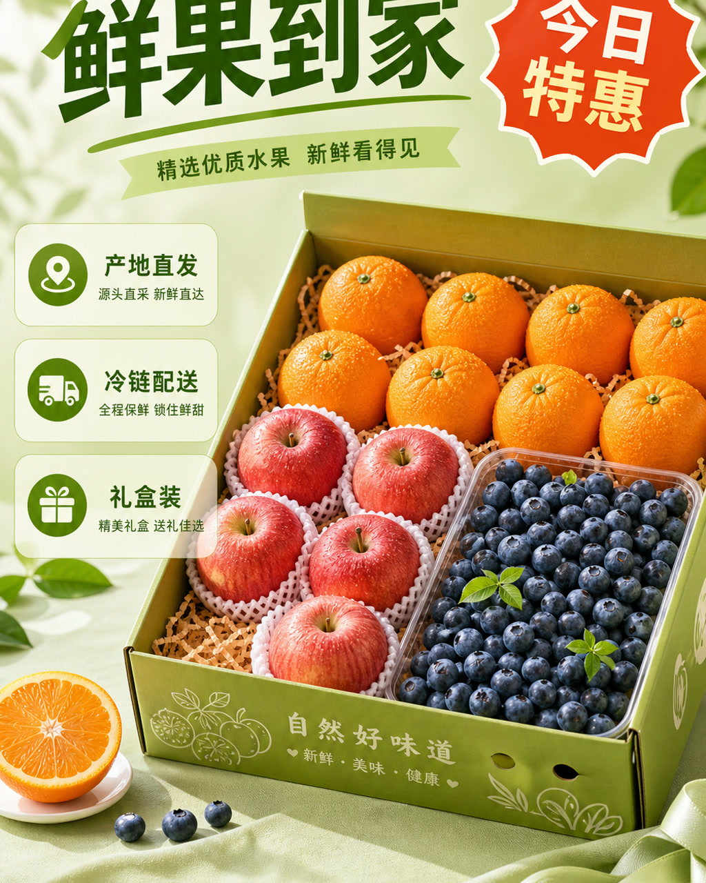 水果礼盒活动图，主文案为「鲜果到家」，卖点为「产地直发、冷链配送、礼盒装」。