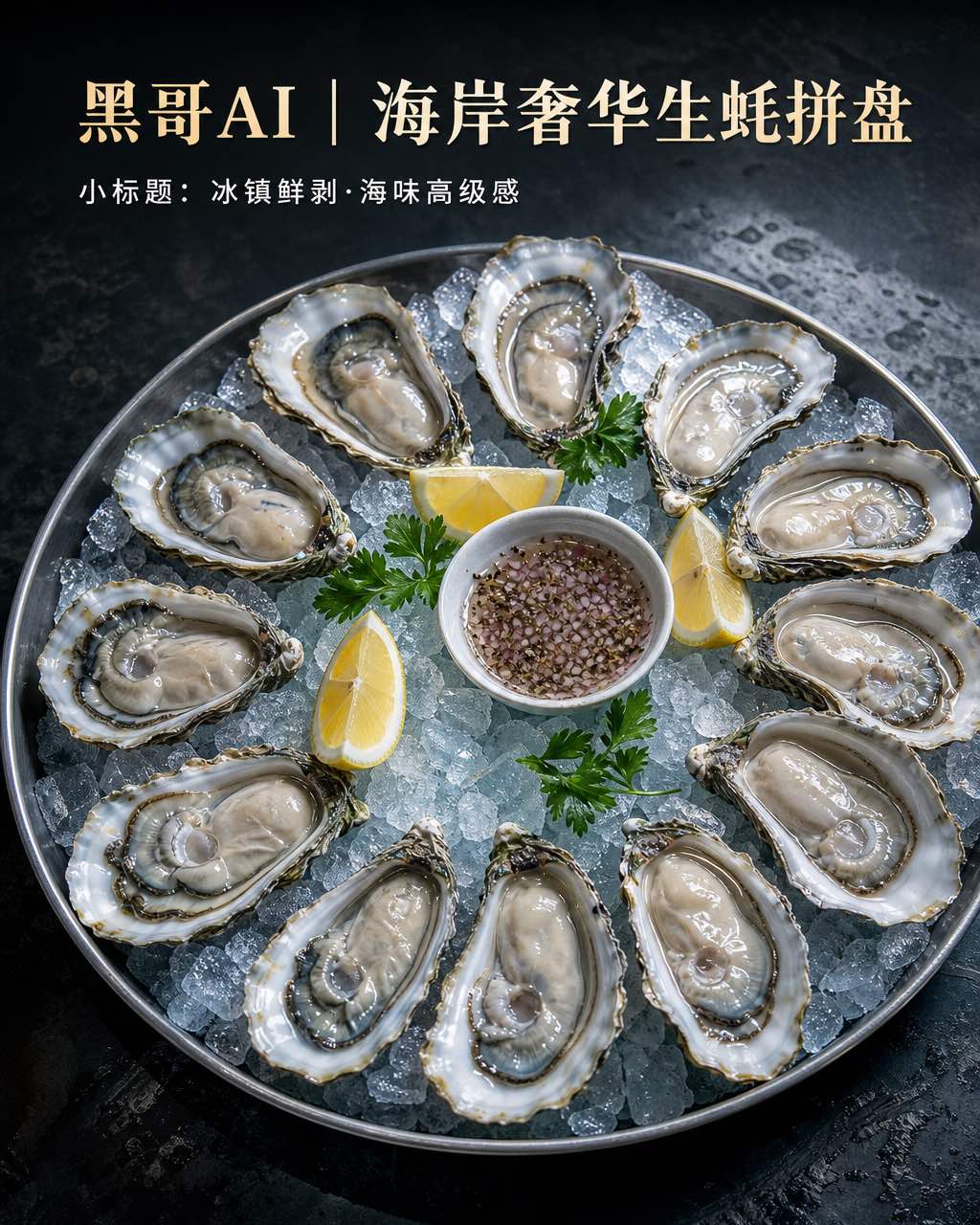 十二只新鲜生蚝置于碎冰圆盘，附柠檬角和米尼涅特酱，俯角蓝白冰冷影棚光。