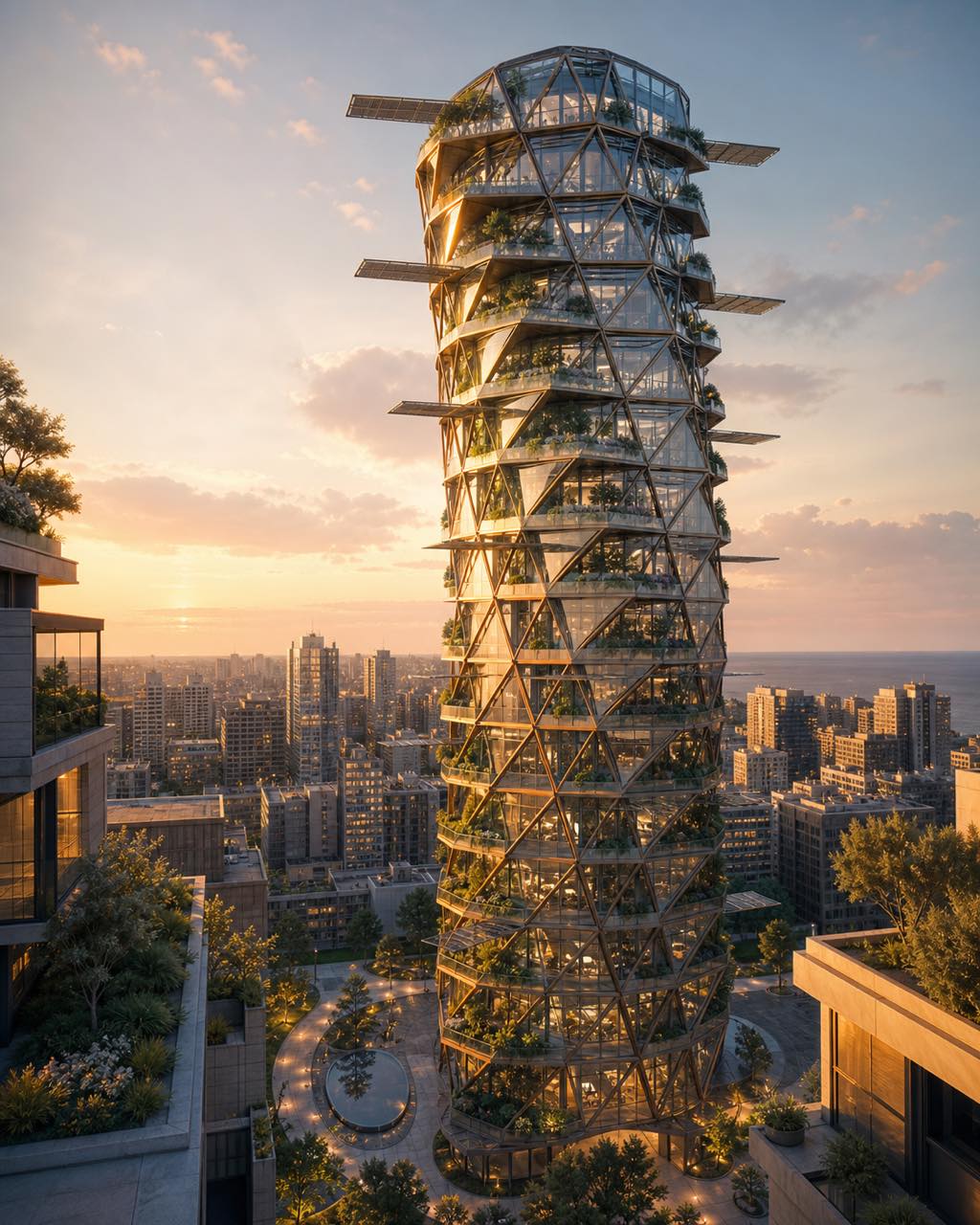 金色黄昏中，一座扭转的 62 层住宅塔楼，悬挂垂直花园、铜色对角网格外骨骼与倾斜光伏鳍片，底部为 travertine 广场与圆形倒影池。