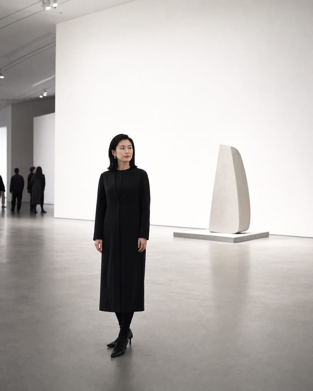 美术馆冷感肖像：白墙、艺术作品和留白构图，营造理性、清冷和审美感。