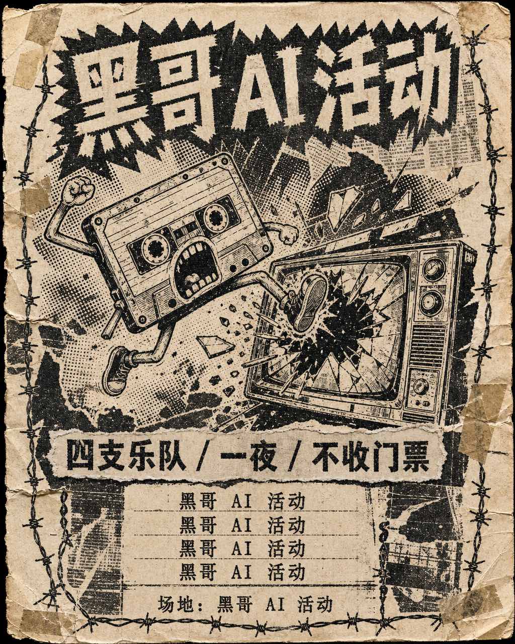 复印的黑白朋克演出海报，尖叫的卡带踢穿电视屏幕，锯齿模板字体写着 BASEMENT FUZZ FEST。