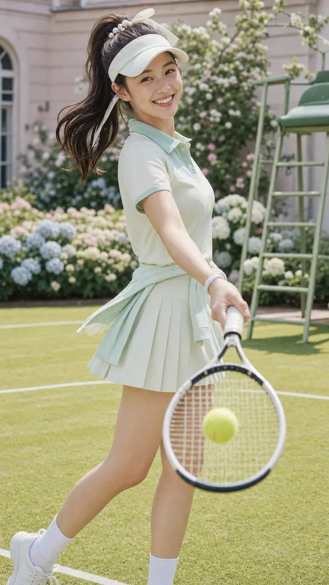 一位成年东亚年轻女性的花园网球学院风元气少女真实摄影画面。