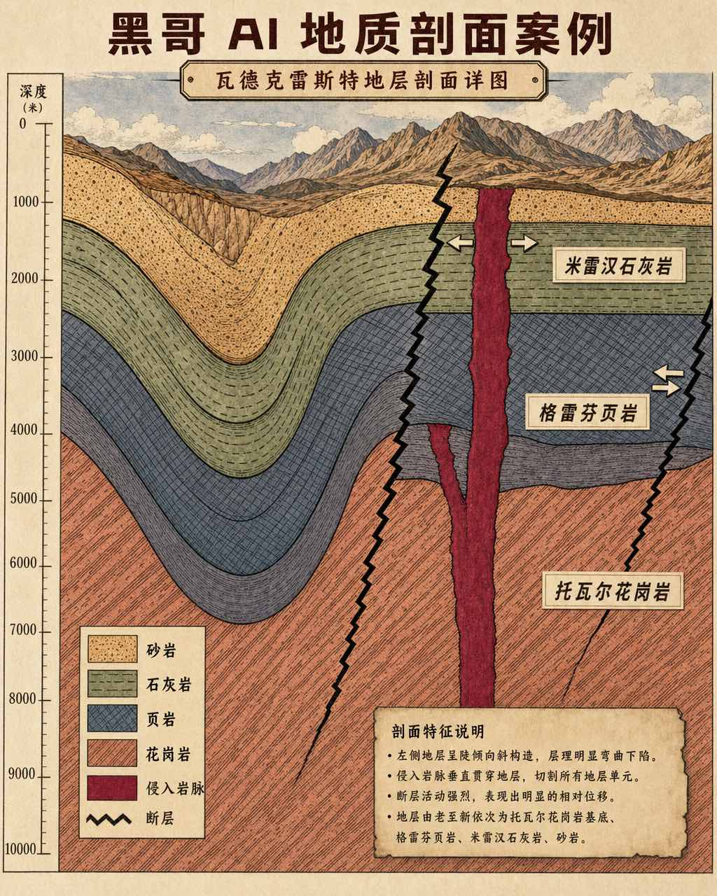 地质剖面插画图，标注地层纹理、断层线与侵入岩脉
