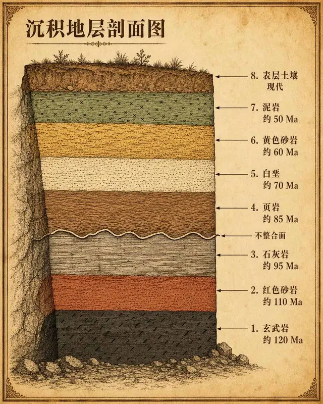 Vintage geological cross-section showing eight sedimentary rock strata with texture patterns, age labels, and an unconformity surface on a parchment background