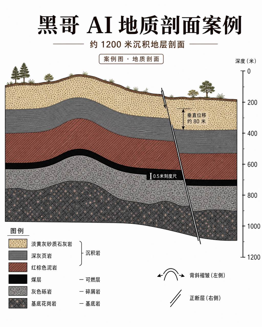 横向地质剖面图：六层沉积地层、正断层、背斜褶皱、深度比例尺与图例，土黄色调教科书插画风格。