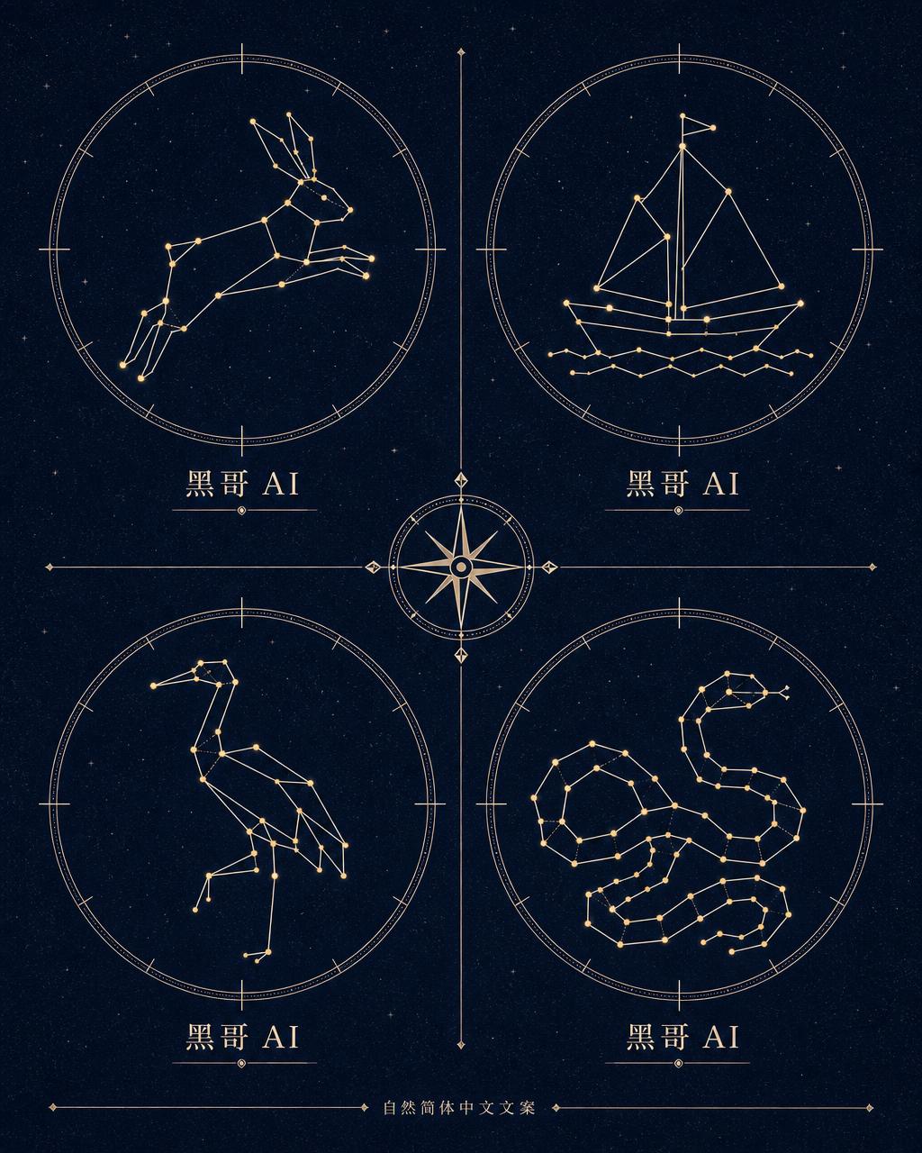 几何线描海报：午夜靛蓝背景上四个虚构星座（兔、船、鹤、蛇），淡金色星点连线。