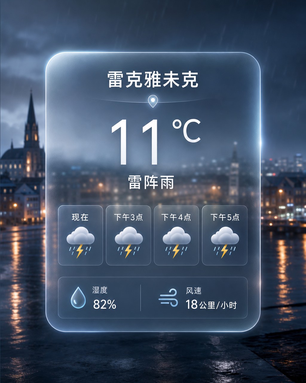 iOS 主屏暴风雨壁纸上的大号磨砂玻璃天气组件，雷克雅未克 11°C 雷暴，五日预报条。