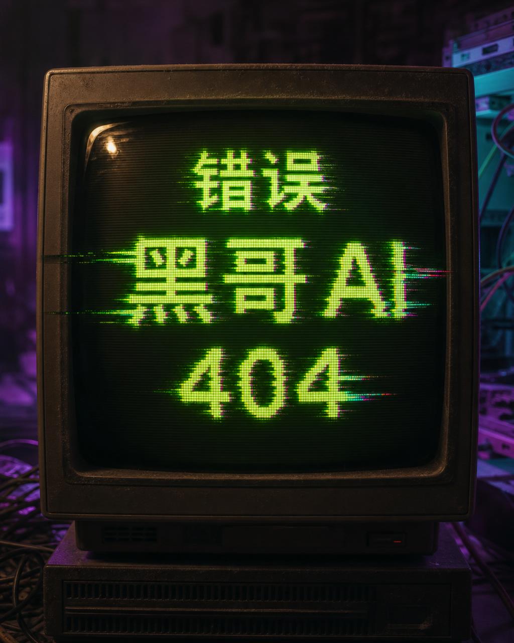 柠檬绿像素字 ERROR 404 在带灰尘的 CRT 显示器上故障显示，伴粉色重影