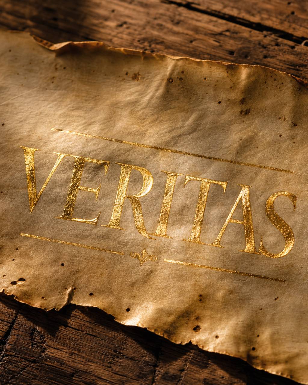单词 VERITAS 以 24K 金箔罗马大写体呈现于陈年羊皮纸上，侧光令金箔熠熠生辉