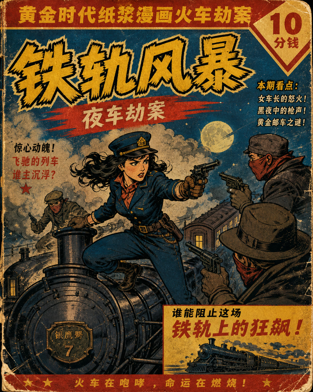 黄金时代纸浆漫画火车劫案，原创漫画风格样本，包含清晰漫画版式、角色动作和可见中文标题。