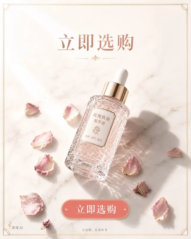 LunaVeil 护肤品 300x250 方形展示广告,冰雕精华液瓶置于大理石面,腮红粉与香槟金配色,珊瑚色 Shop Now 按钮