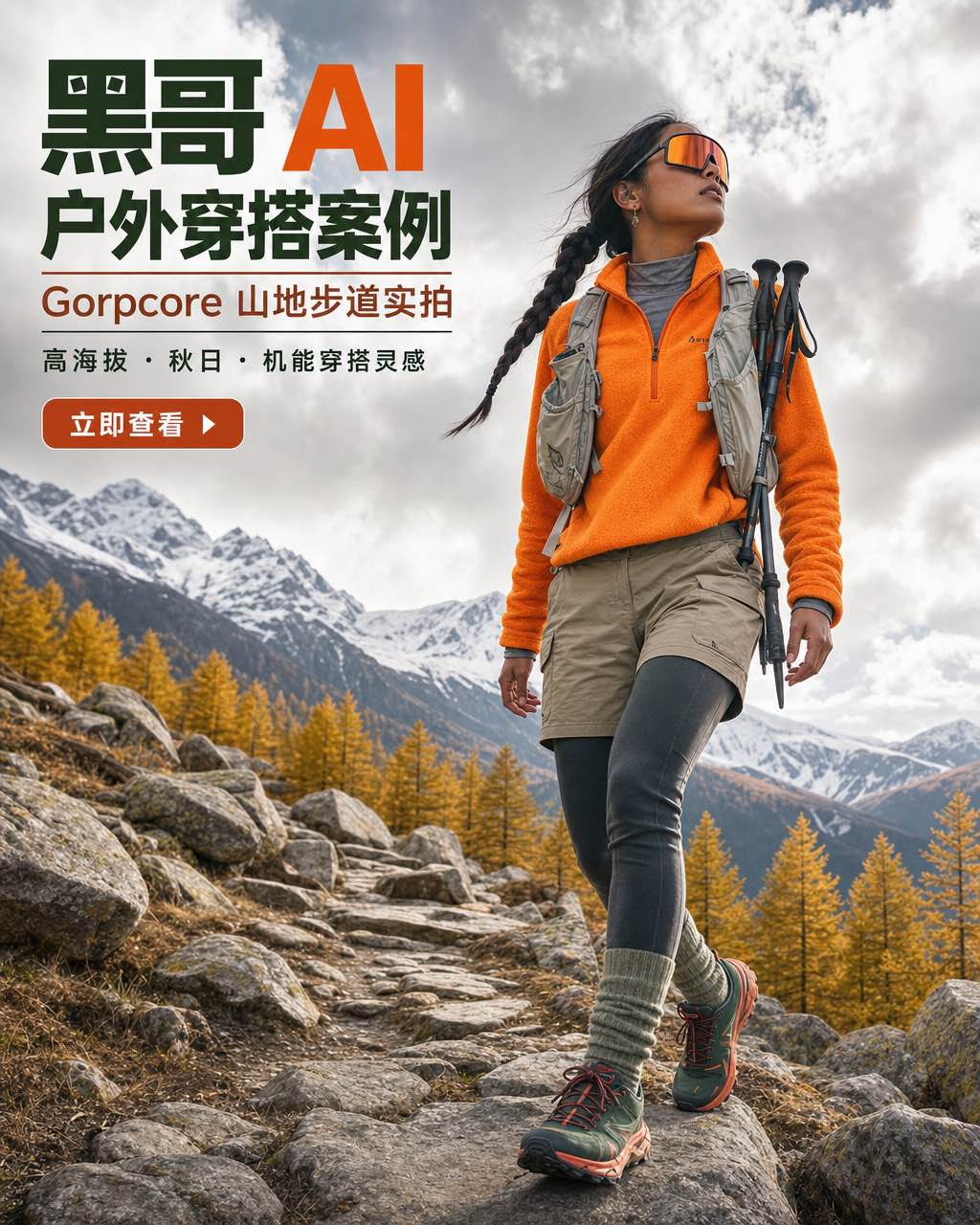 运动型原住民女性穿霓虹橙抓绒与Gorpcore山地装备，大步走过布满岩石的高山步道，背景是金黄落叶松与雪顶山峰。