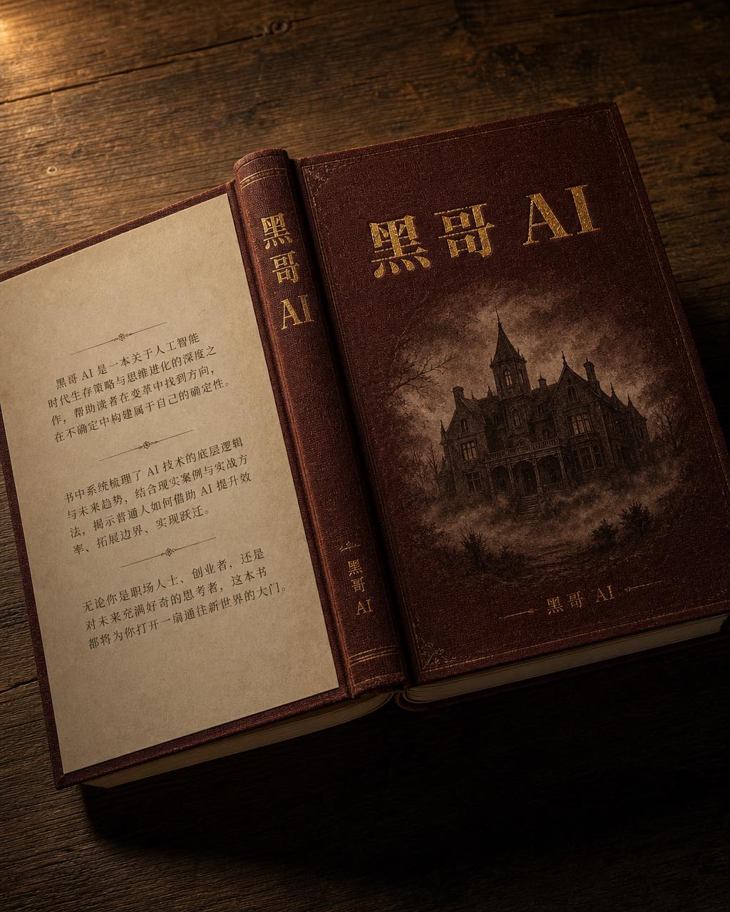 俯视平铺的深酒红布面精装书，烛光暖调，金色烫印标题，置于做旧橡木桌面。
