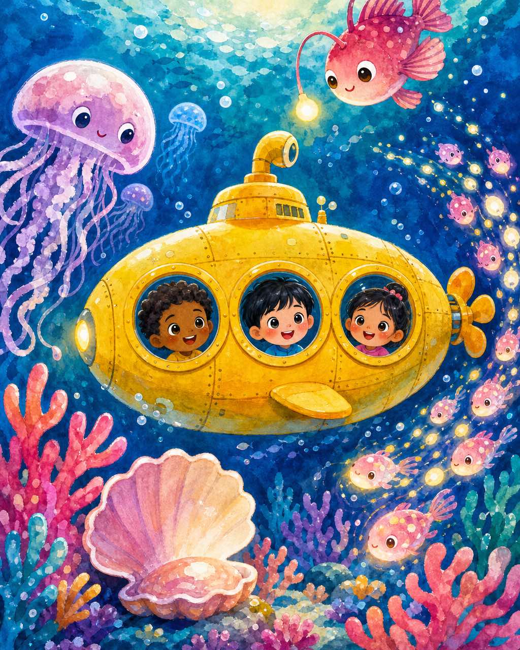 水粉儿童绘本插图：黄色潜水艇，舷窗露出孩子笑脸，周围发光水母、灯笼鱼与珊瑚，色彩鲜艳。