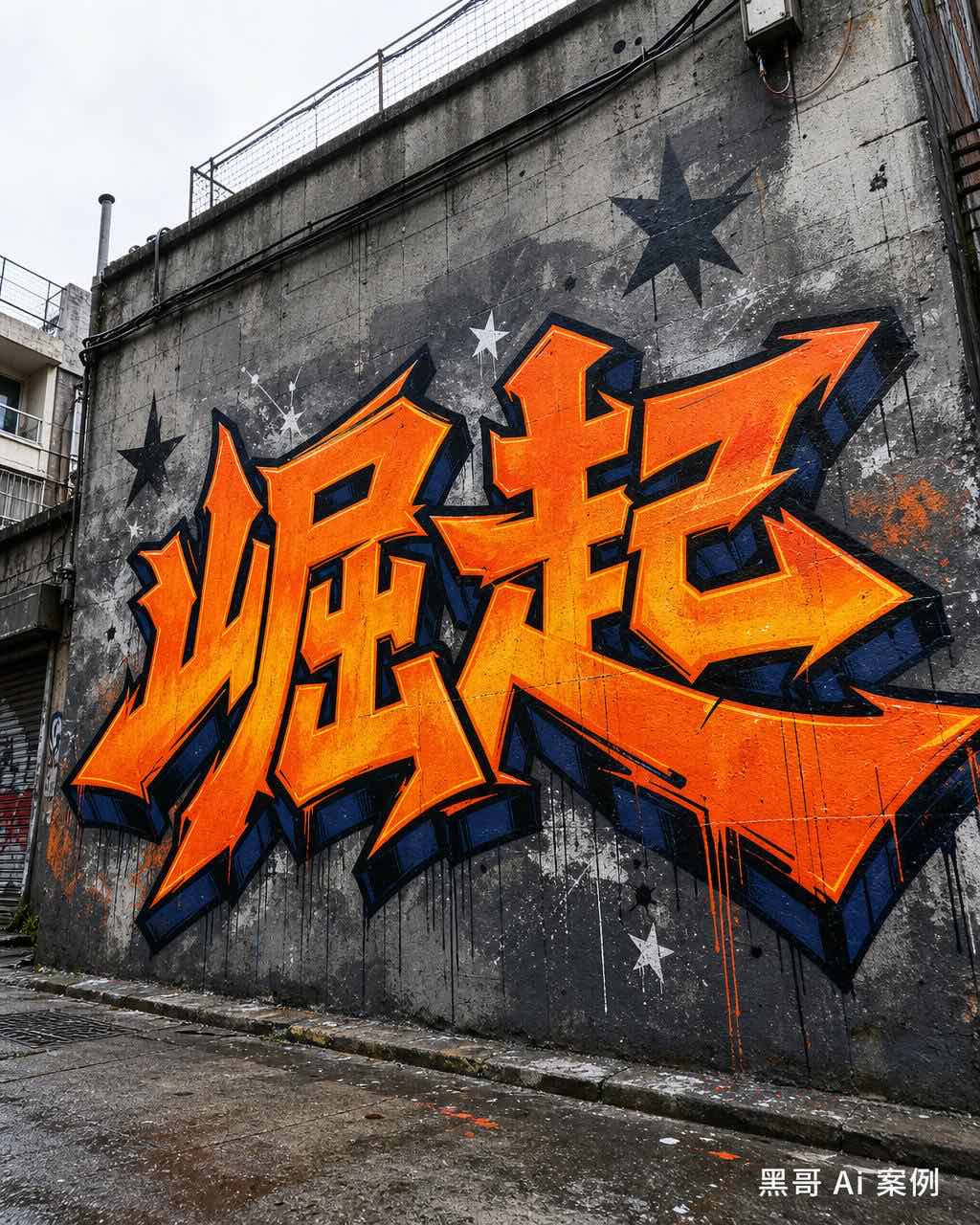 单词 RISE 以鲜艳电橙色狂野风格涂鸦呈现，黑色轮廓与海军蓝 3D 阴影，背景为灰色混凝土小巷墙面