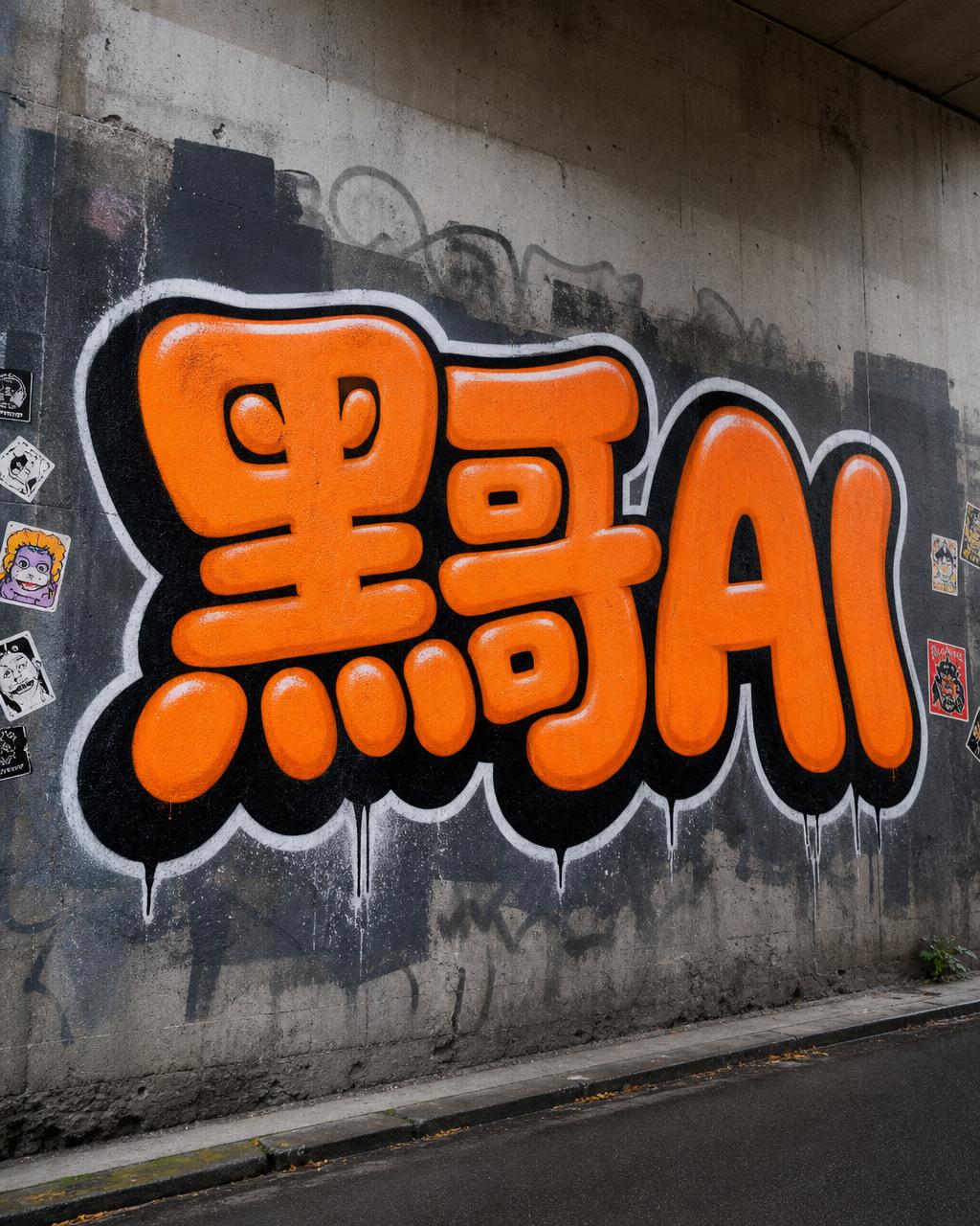 橘色泡泡涂鸦字母 VIBE 描黑边，画在灰混凝土墙上
