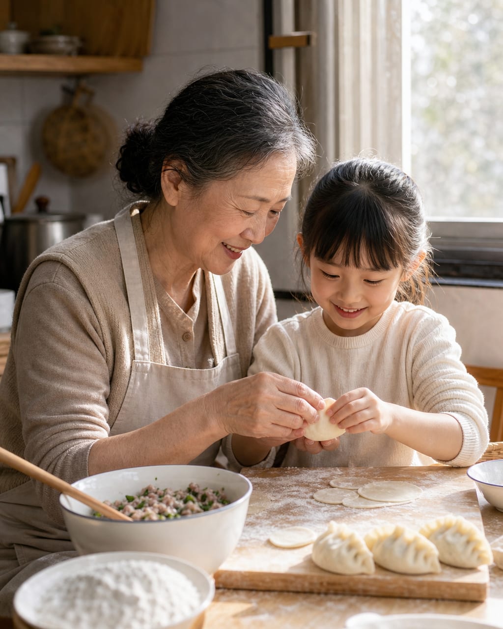 祖孙温情合照：自然互动、手部细节和柔和光线，表达代际亲情。
