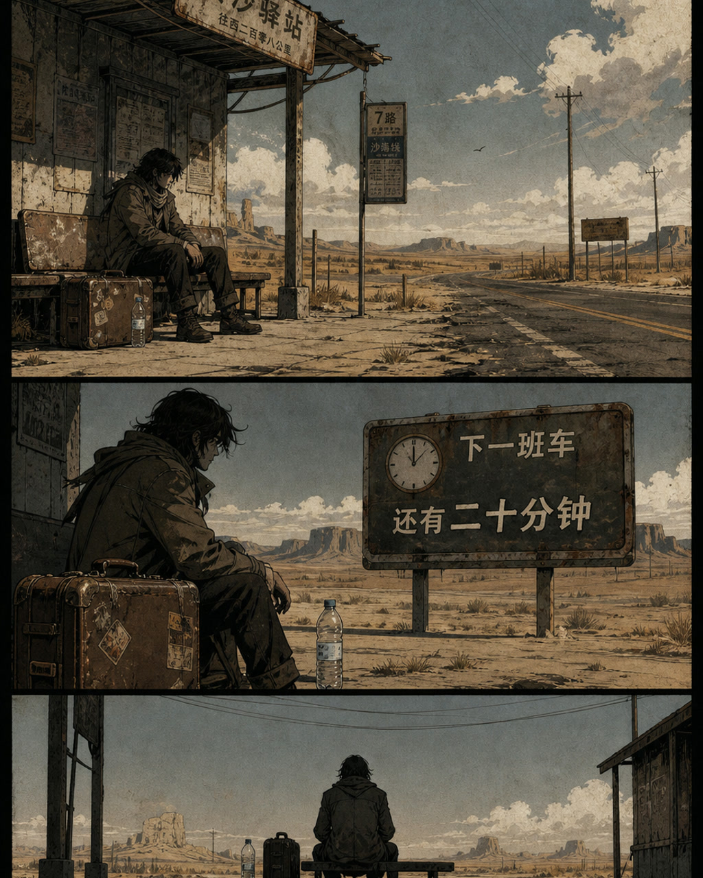 图像小说沙漠车站，原创漫画风格样本，包含清晰漫画版式、角色动作和可见中文标题。