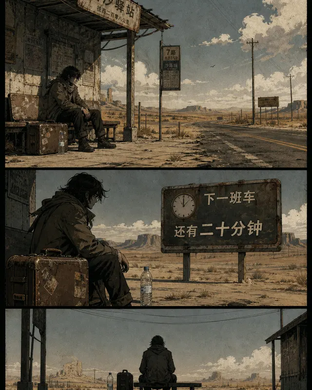 Graphic Novel Desert Bus Stop, an original comic style sample with visible layout, character action, and readable lettering.