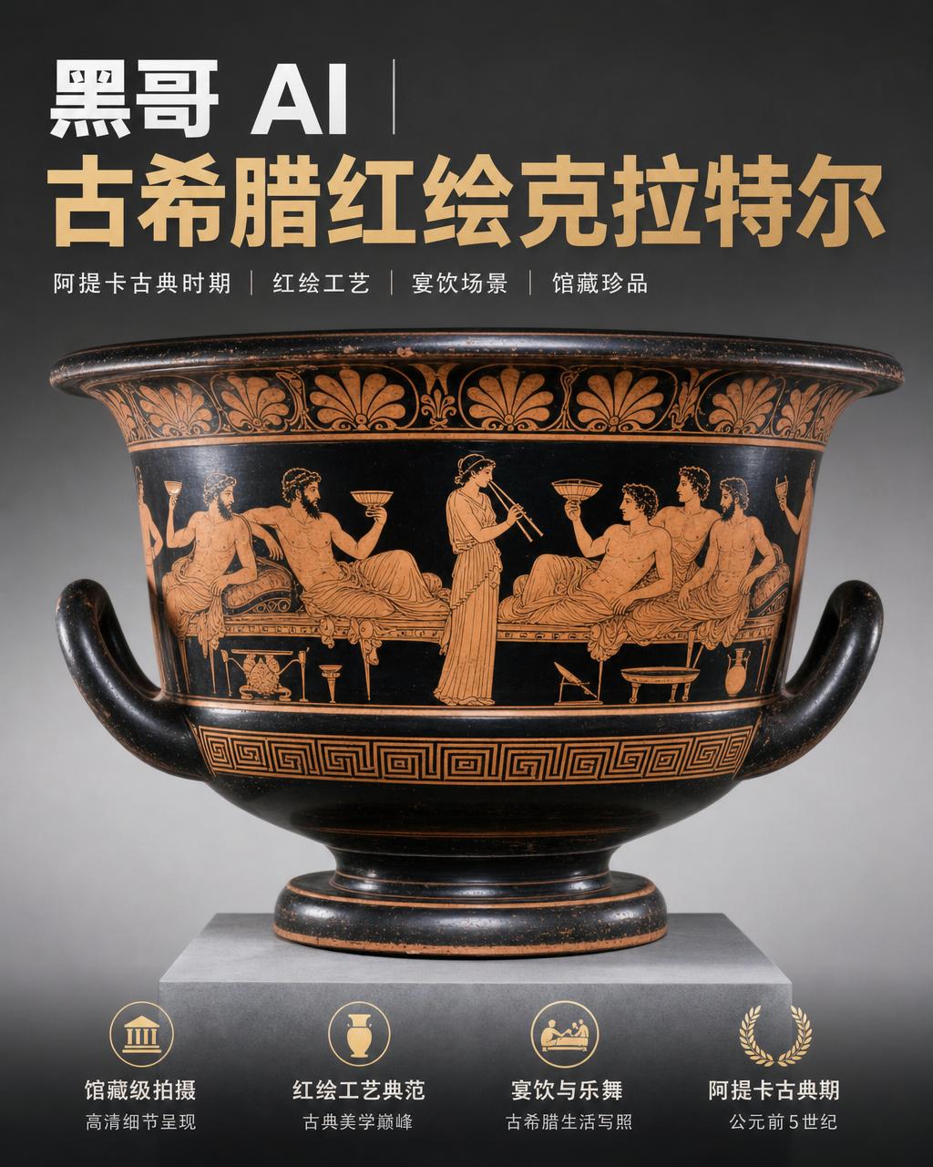 馆藏阿提卡红绘克拉特尔，瓶身绘宴饮场景，斜倚男子与女乐师，棕榈叶纹颈饰，回纹足圈。