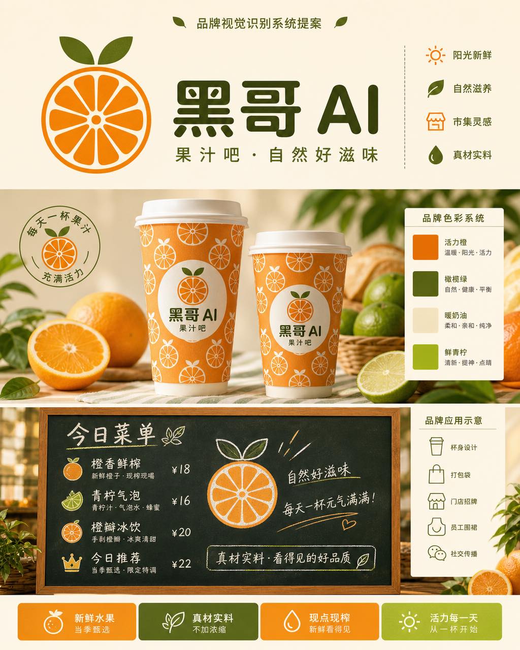 Grove 果汁吧品牌识别，平面橙子截面图标，橄榄绿人文字标，展示全锁版、杯套模型和粉笔菜单版。