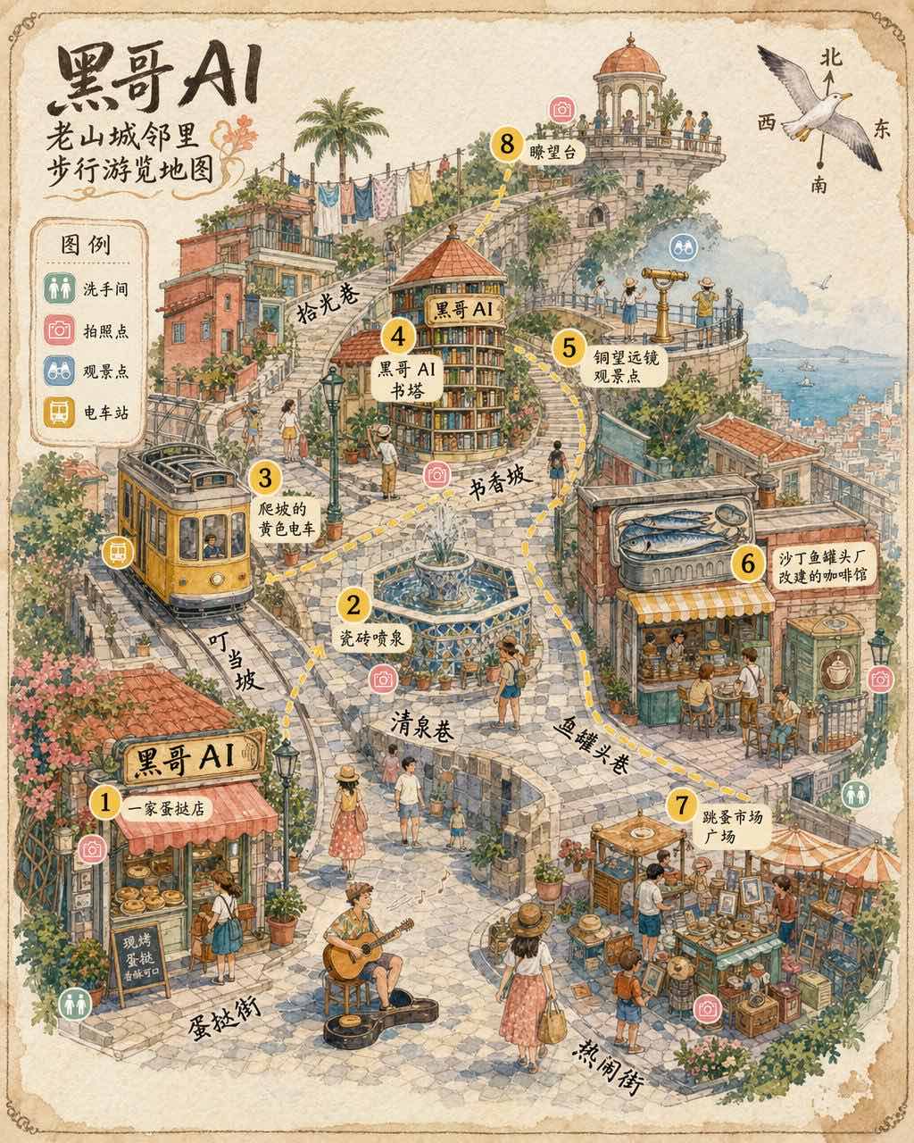 水彩手绘山城步行地图：编号黄色站点、轴测建筑和海鸥造型指北针。