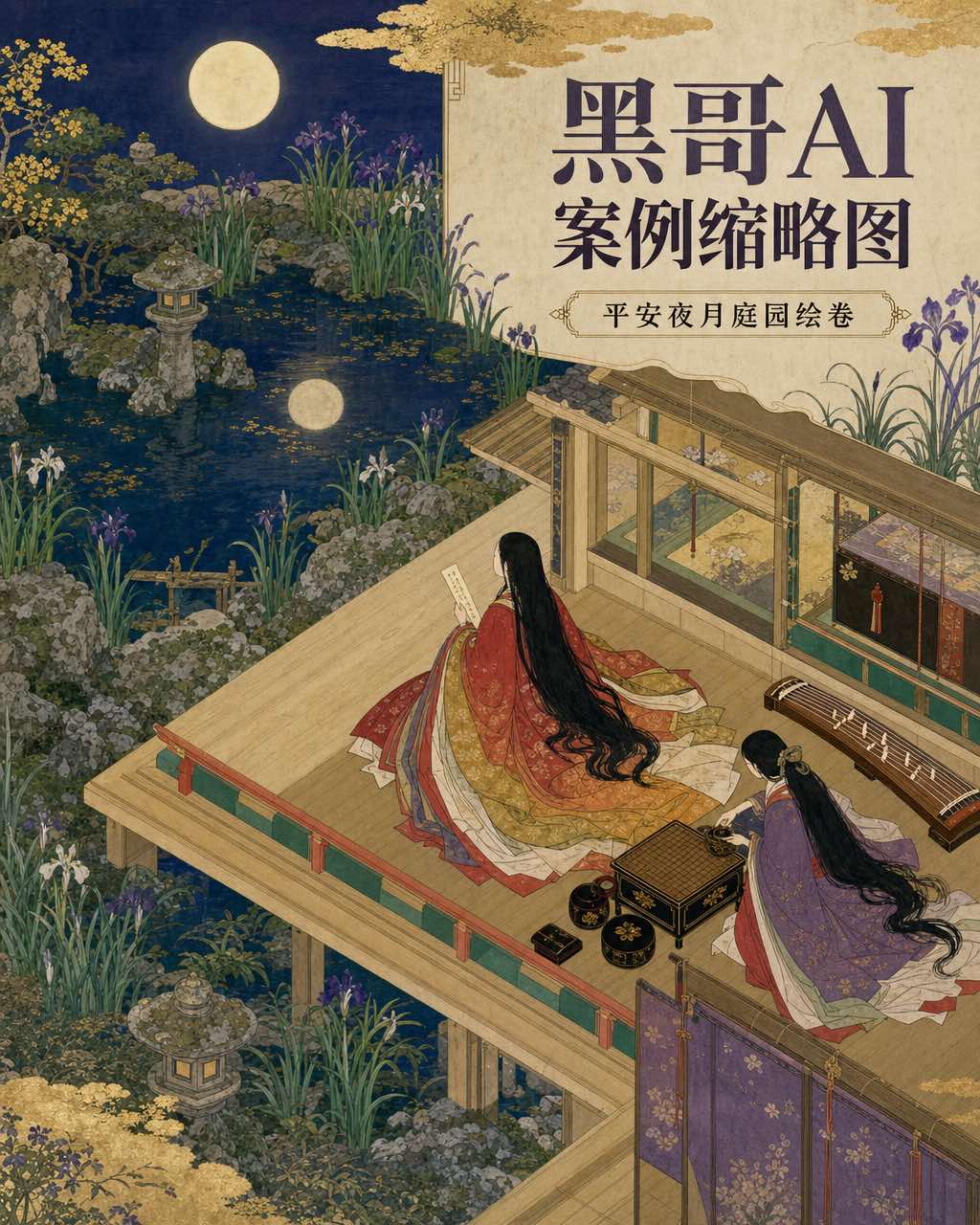 平安大和绘绢本，月光庭院中着十二单衣的贵族女性，石灯笼与菖蒲，侍女点缀左右。