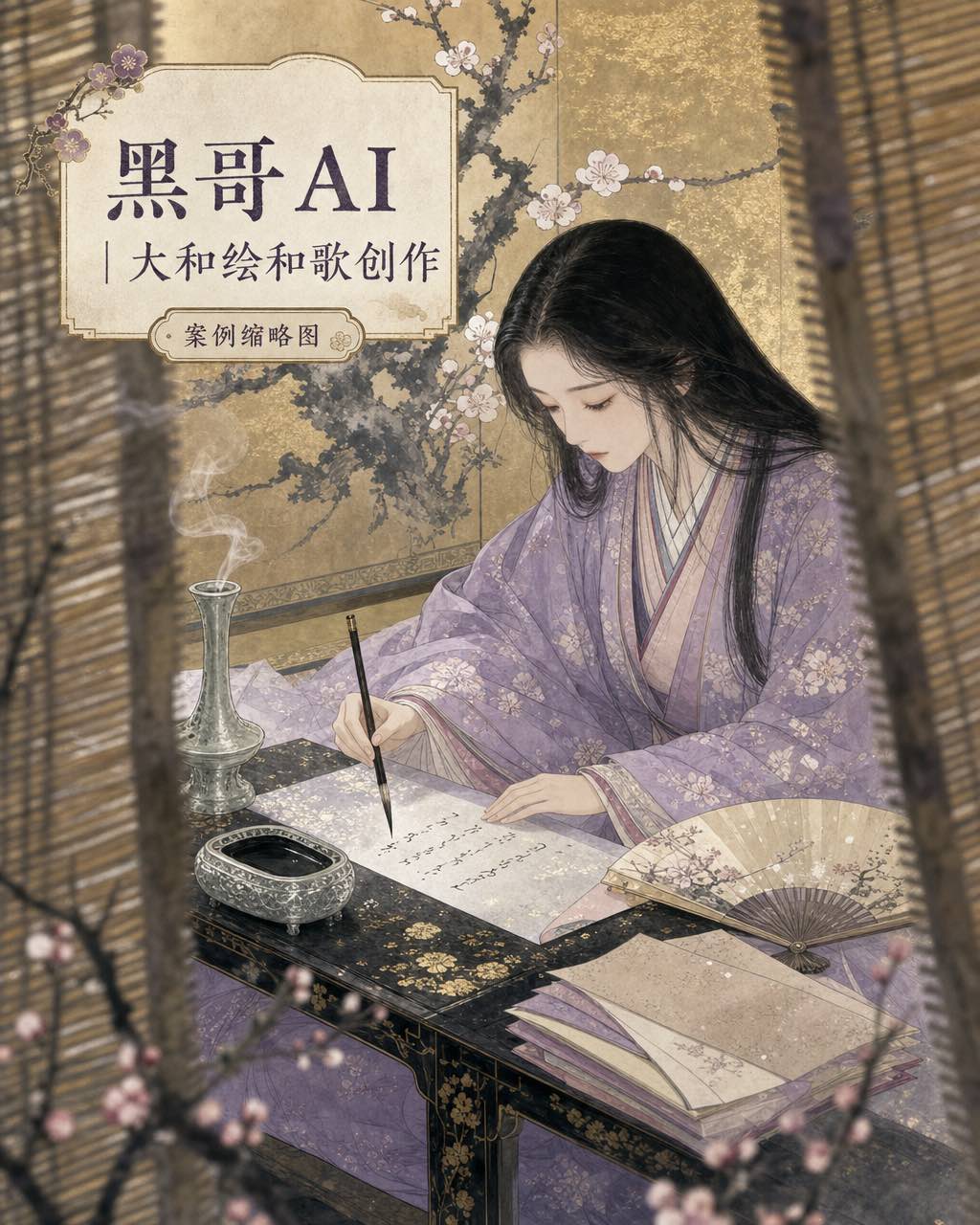 大和绘绘卷，平安贵族女性着淡紫衣，于漆案前研墨吟诗，金地梅枝屏风为背景。