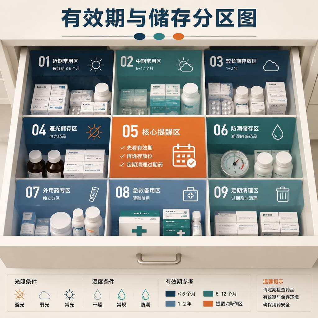 黑哥 AI 原创信息图与示意图案例：有效期与储存分区图。