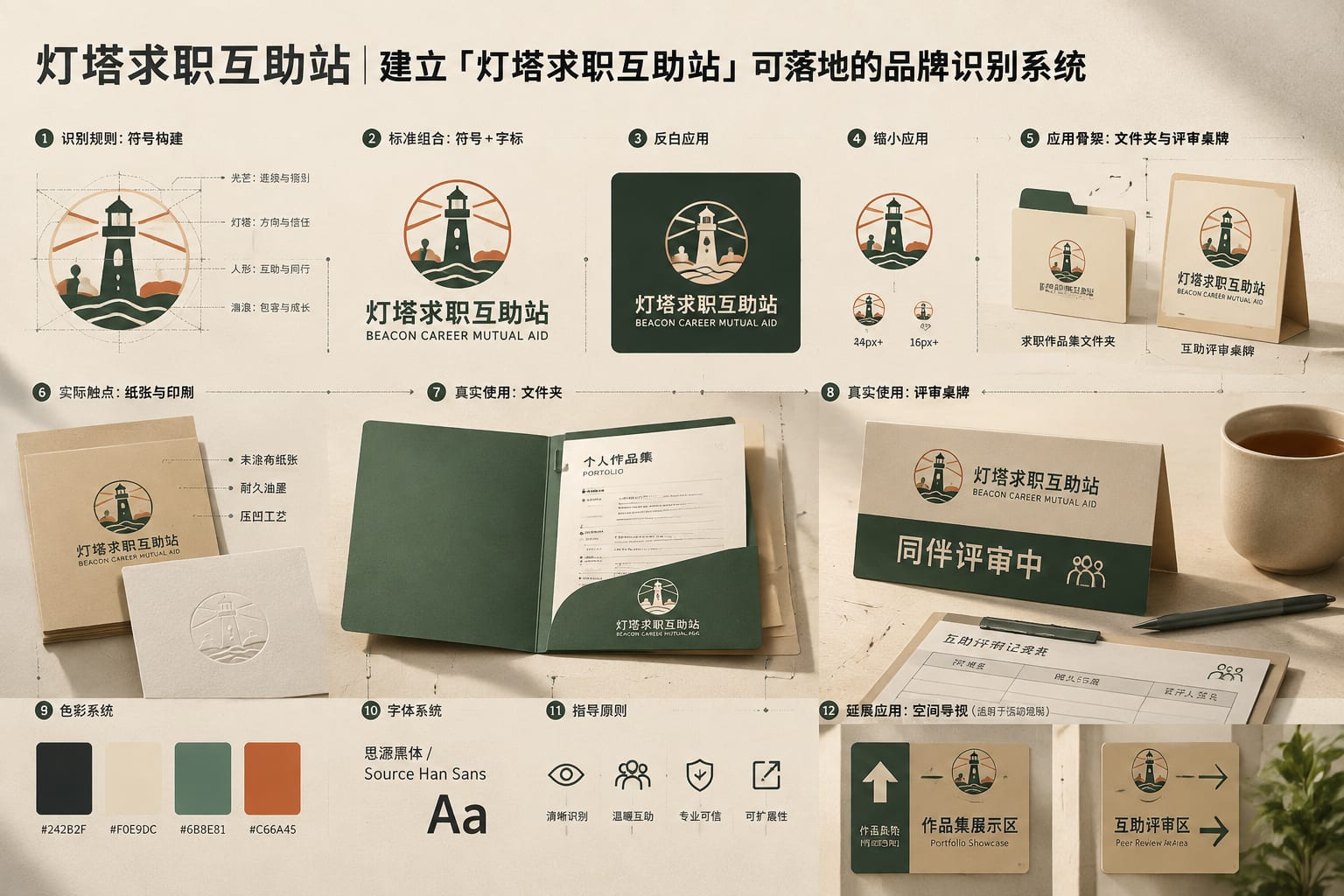 黑哥 AI 原创品牌识别案例：灯塔求职互助站品牌识别提案。